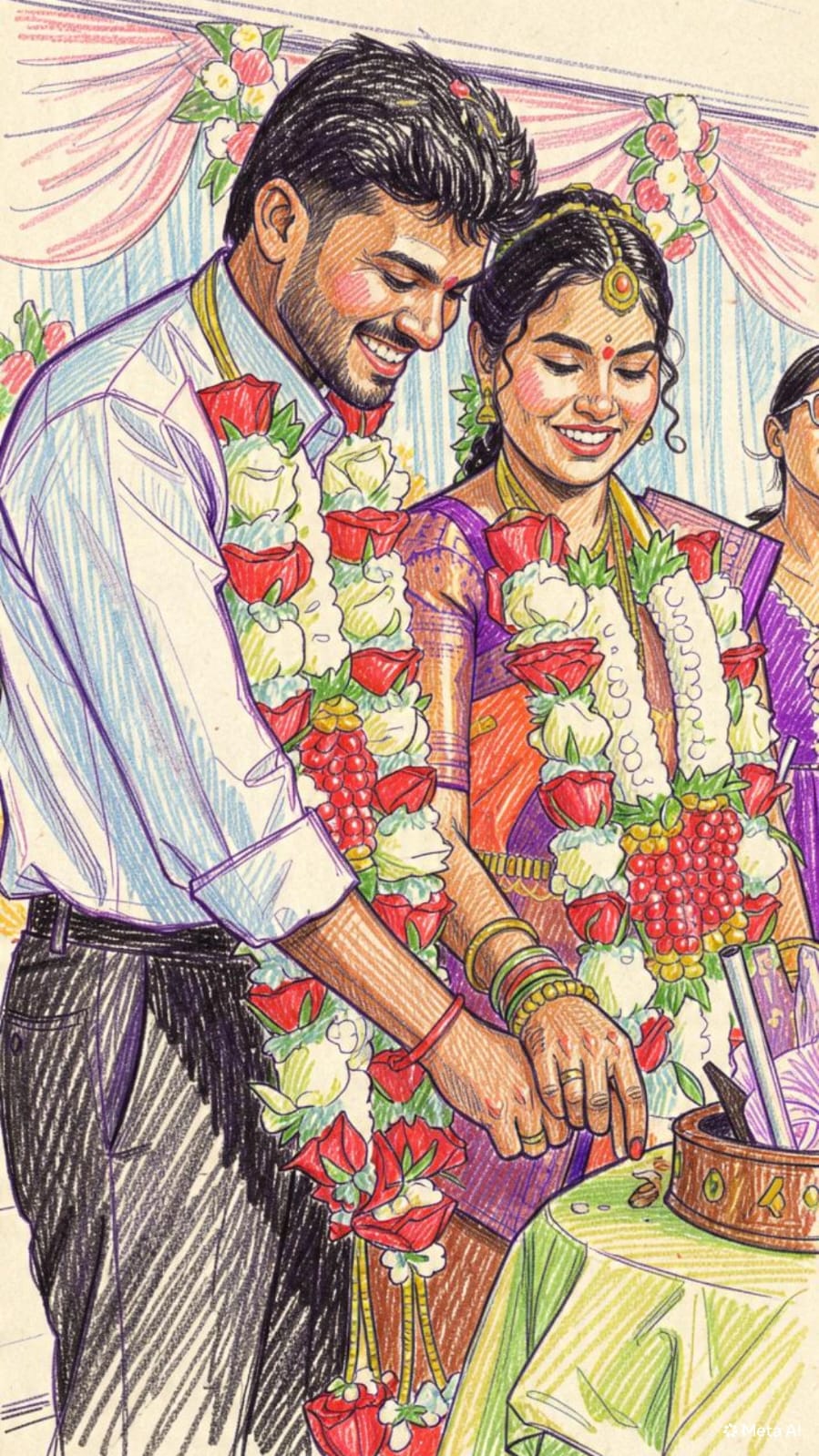 Achyuth Kumar & Aishwarya wearing traditional flower garlands during the wedding ceremony