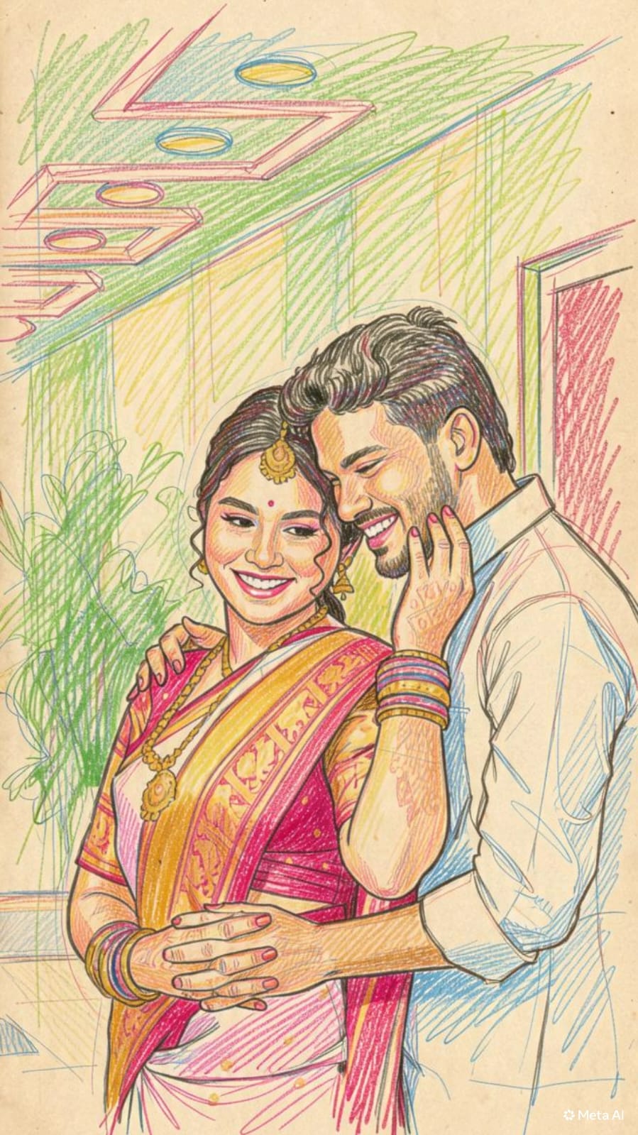 Tender sketch portrait of Achyuth Kumar embracing Aishwarya